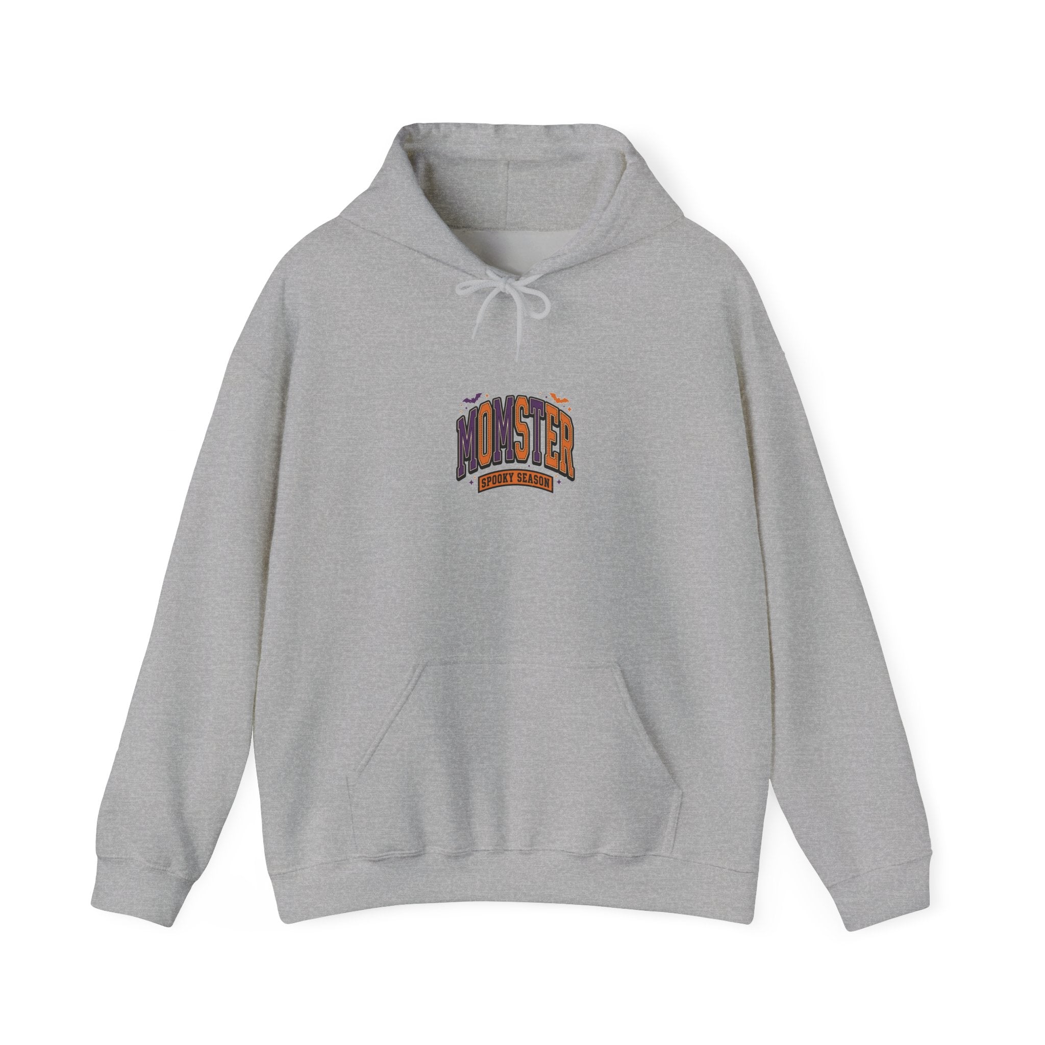 Momster Halloween Hoodie, spooky lettering bat graphic, purple orange collegiate