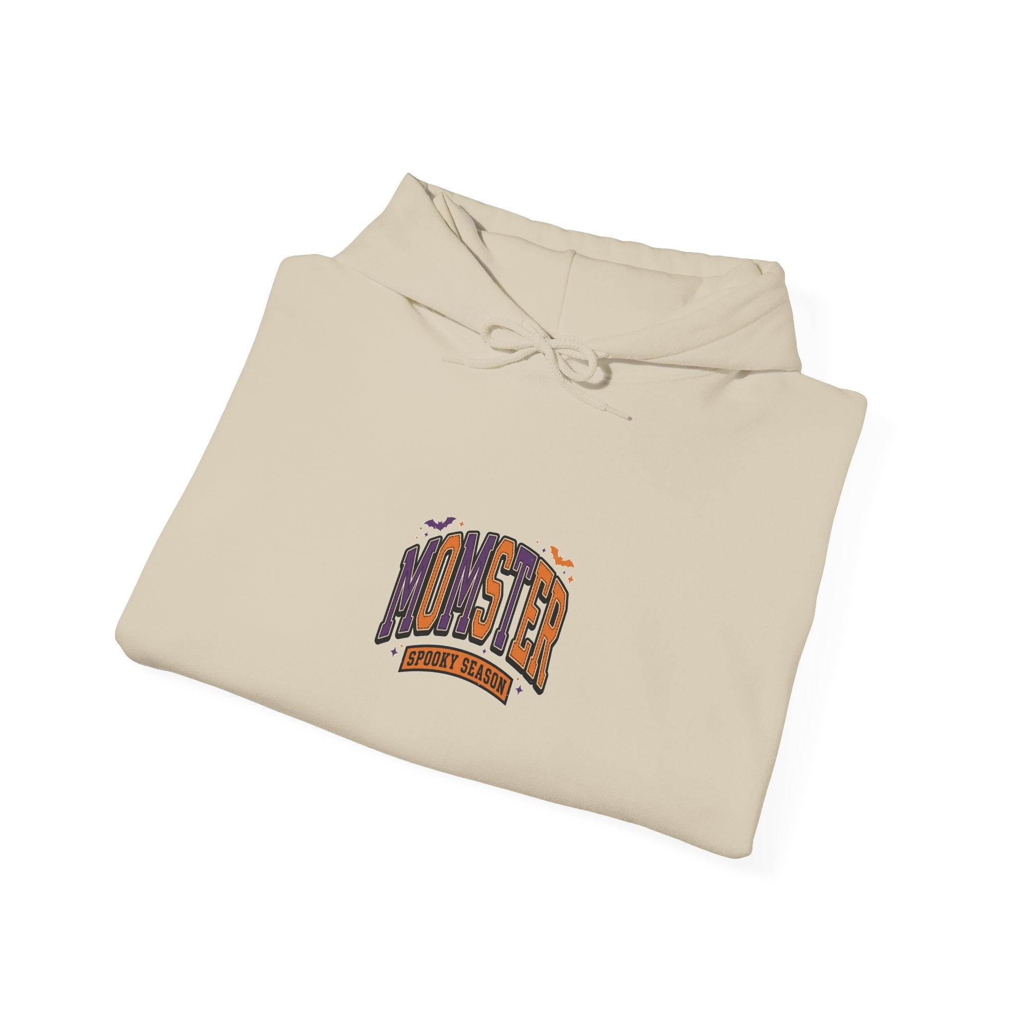 Momster Halloween Hoodie, spooky lettering bat graphic, purple orange collegiate