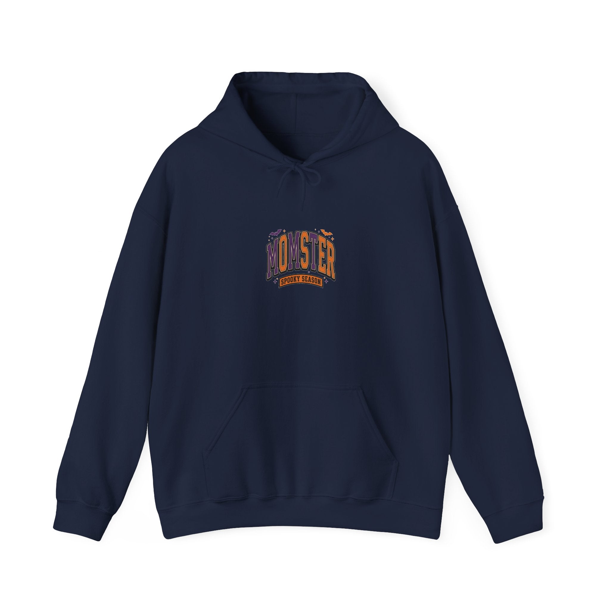 Momster Halloween Hoodie, spooky lettering bat graphic, purple orange collegiate