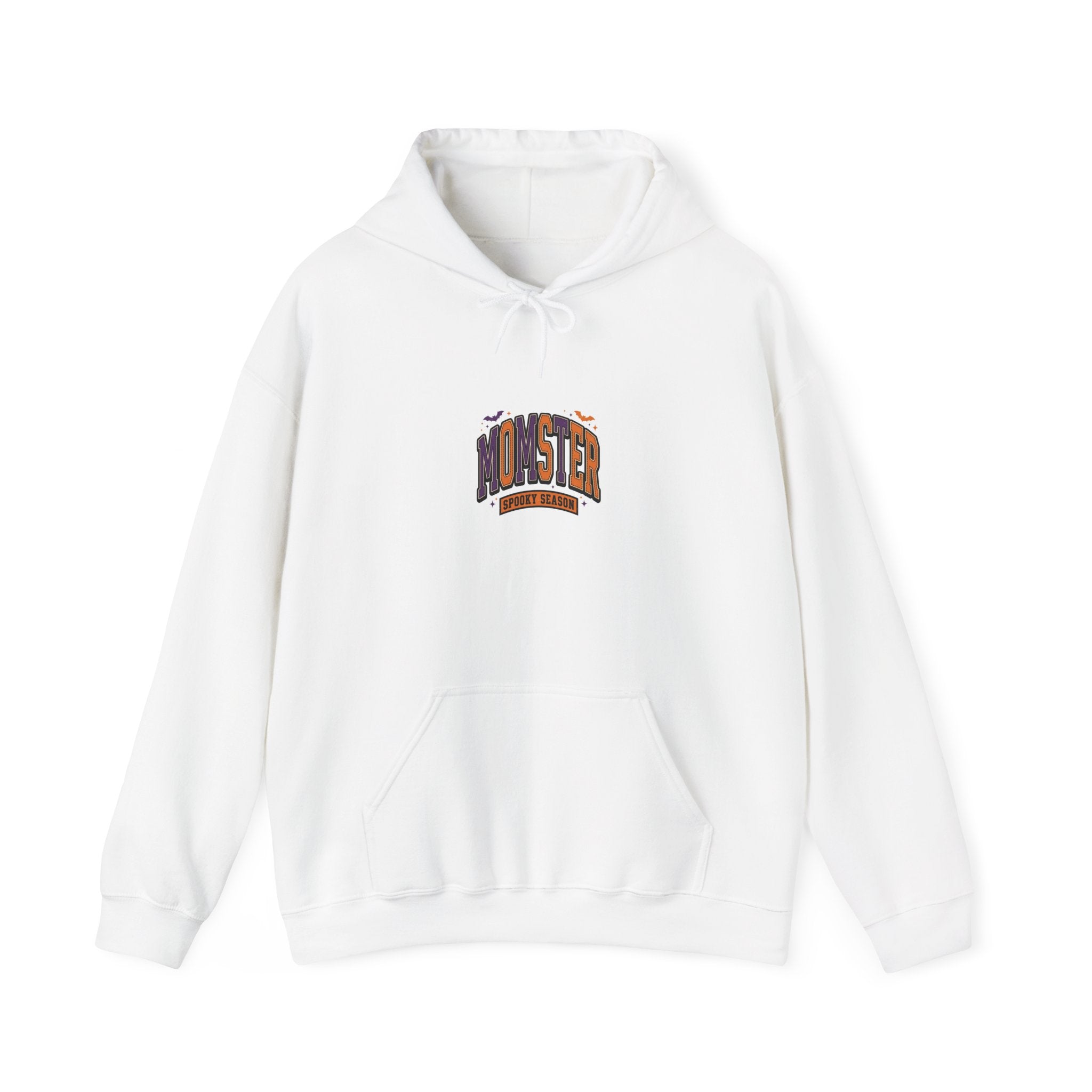 Momster Halloween Hoodie, spooky lettering bat graphic, purple orange collegiate