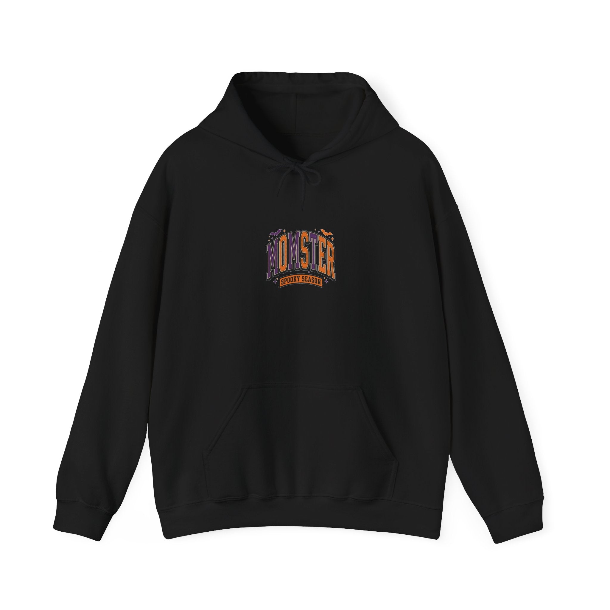 Momster Halloween Hoodie, spooky lettering bat graphic, purple orange collegiate