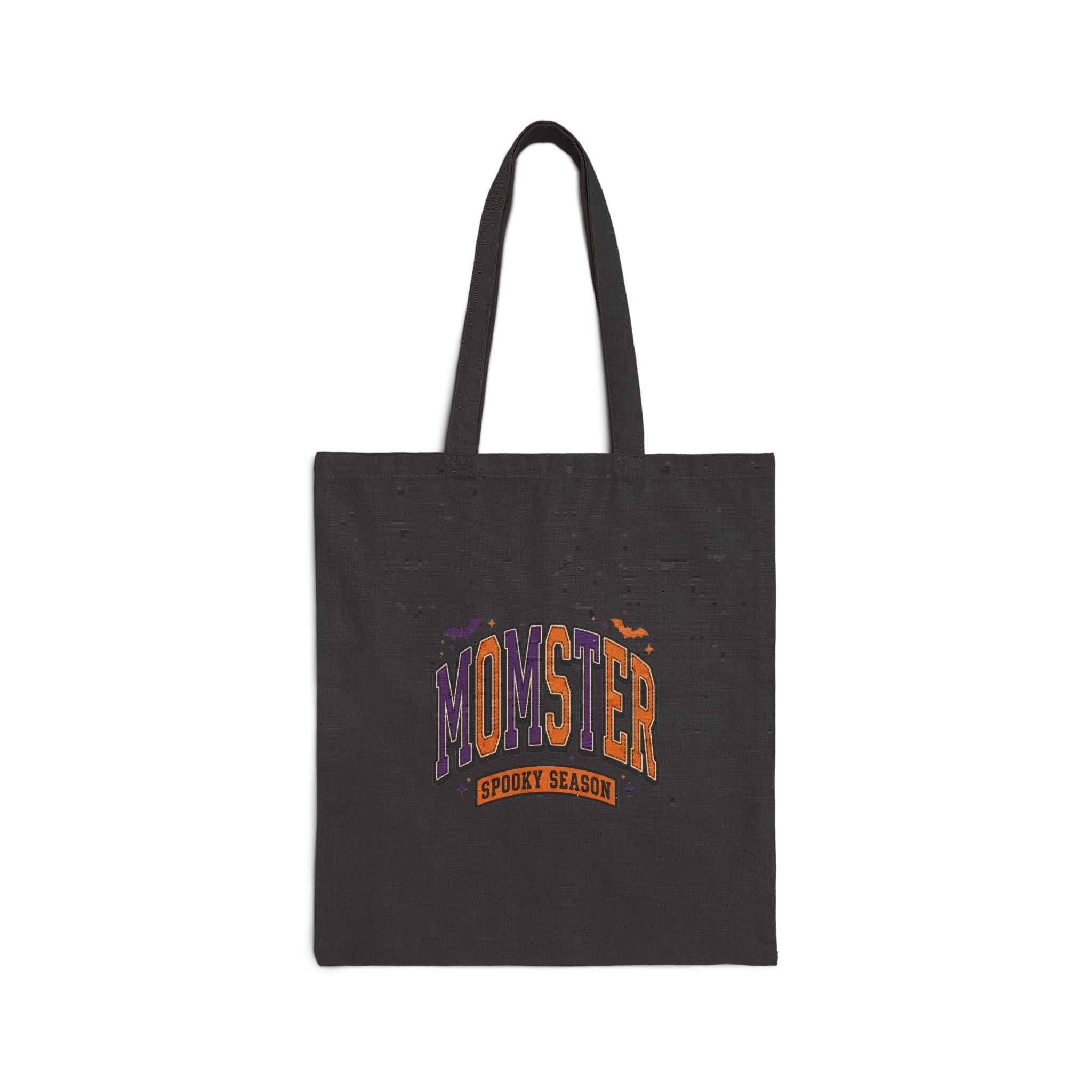 Momster Halloween Tote, Cotton Canvas Bag, Retro Spooky Lettering & Bats