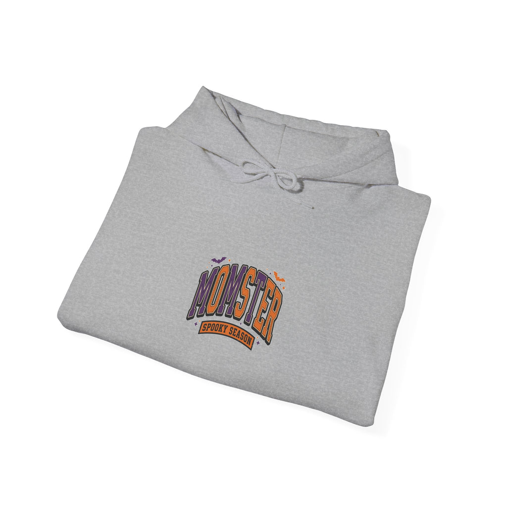 Momster Halloween Hoodie, spooky lettering bat graphic, purple orange collegiate
