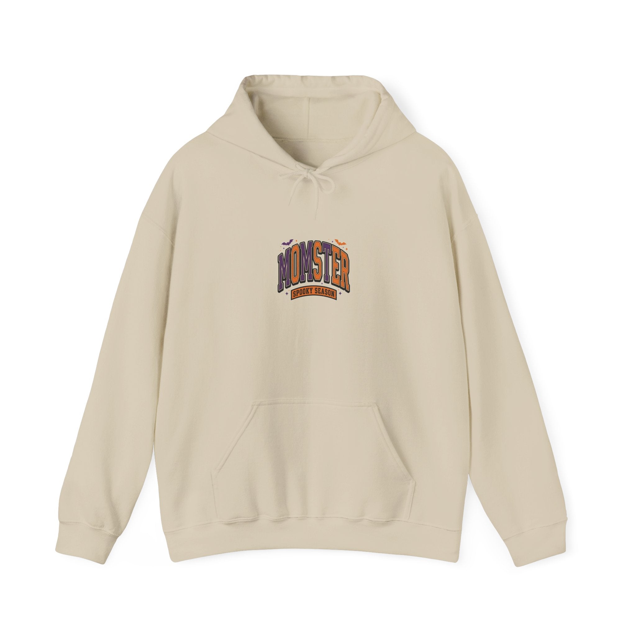 Momster Halloween Hoodie, spooky lettering bat graphic, purple orange collegiate