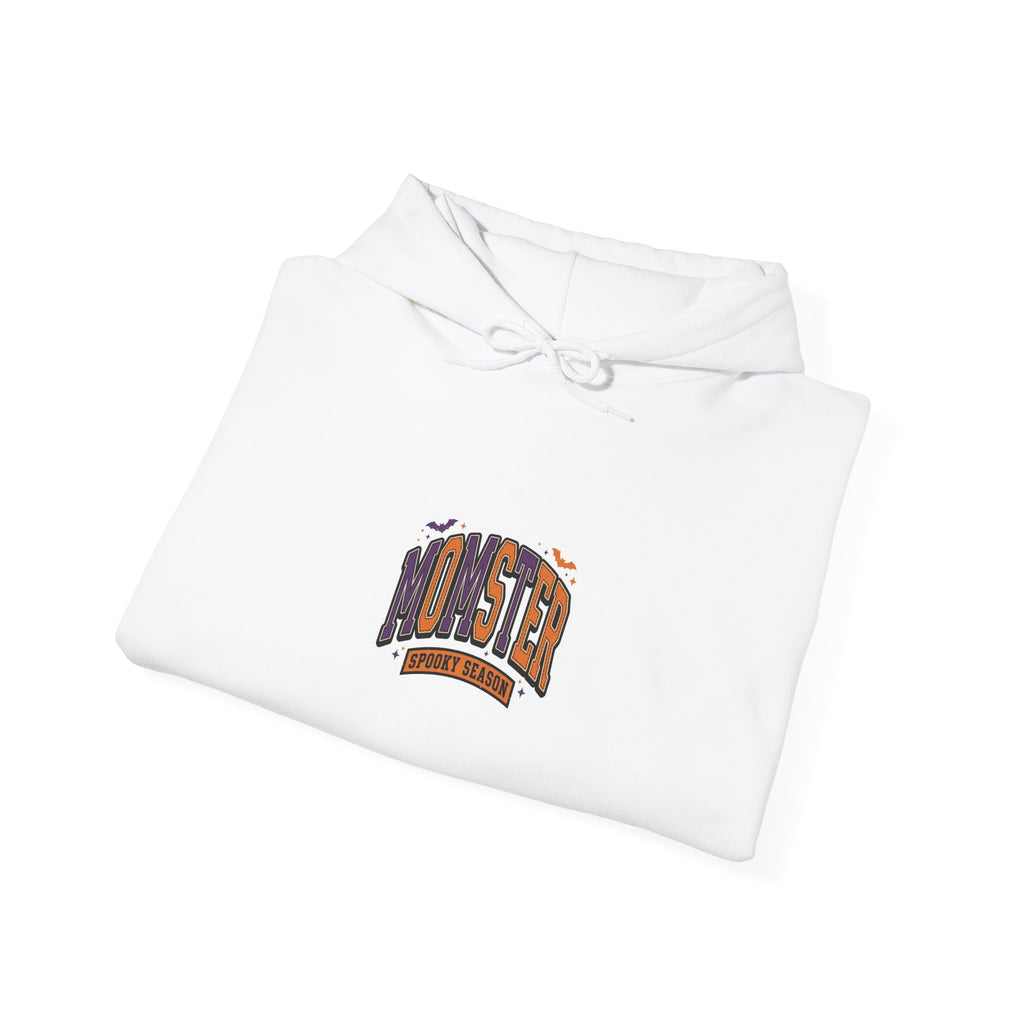 Momster Halloween Hoodie, spooky lettering bat graphic, purple orange collegiate