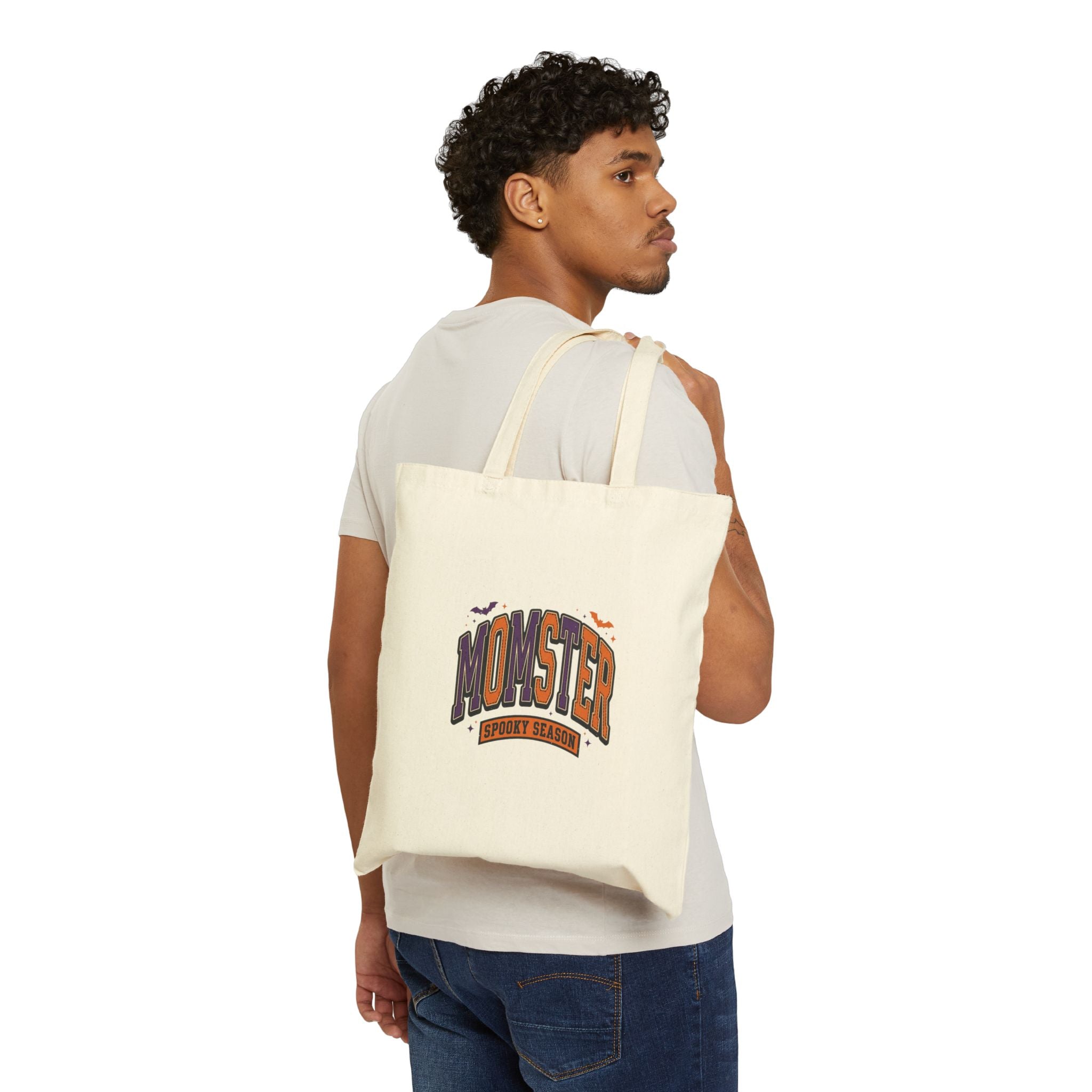 Momster Halloween Tote, Cotton Canvas Bag, Retro Spooky Lettering & Bats