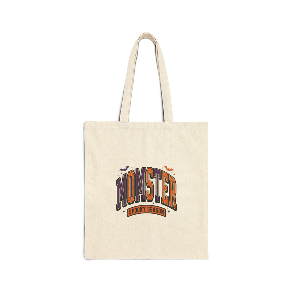 Momster Halloween Tote, Cotton Canvas Bag, Retro Spooky Lettering & Bats