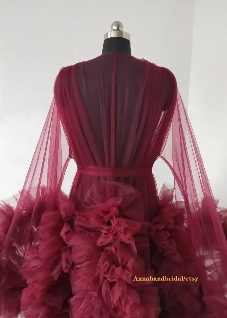Women's Burgundy Photography Dress Sexy Robe Nightgown Ruffles Sleepwear Lace Tulle Bathrobe Pajamas Prom Bridesmaid Shawl