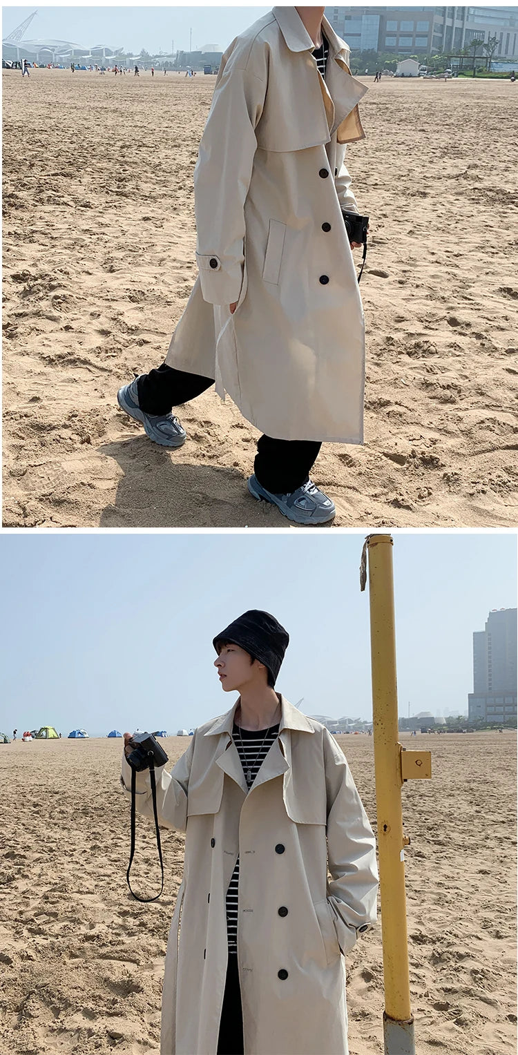 Spring Trench Coat Mens Korean Style Male Streetwear Windbreaker Trenchcoat Men Solid Coats for Men Casual Loose Long Overcoat