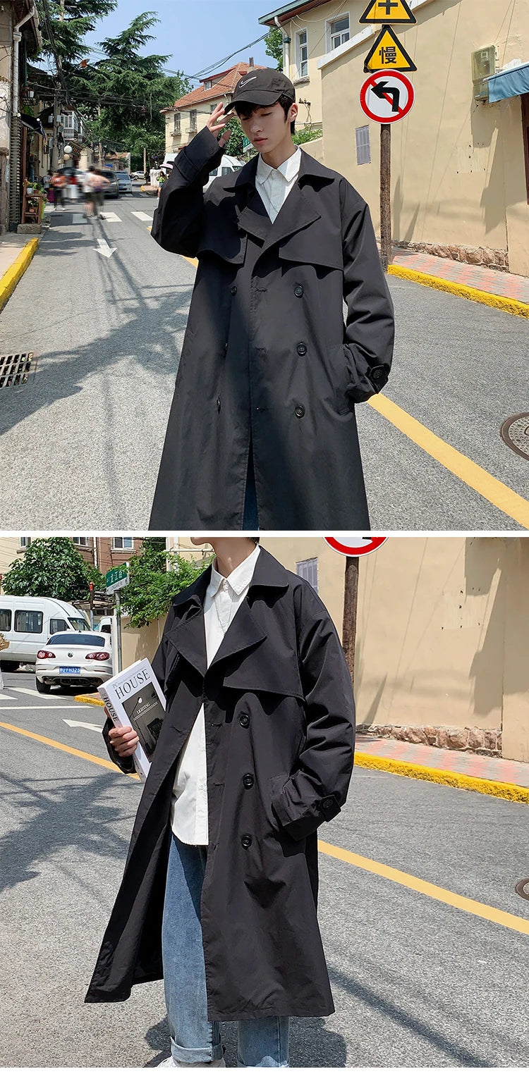 Spring Trench Coat Mens Korean Style Male Streetwear Windbreaker Trenchcoat Men Solid Coats for Men Casual Loose Long Overcoat