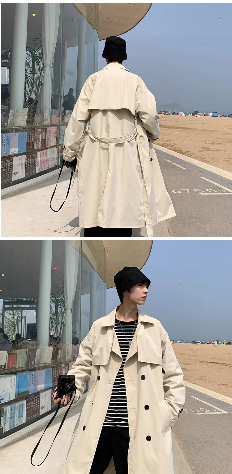 Spring Trench Coat Mens Korean Style Male Streetwear Windbreaker Trenchcoat Men Solid Coats for Men Casual Loose Long Overcoat