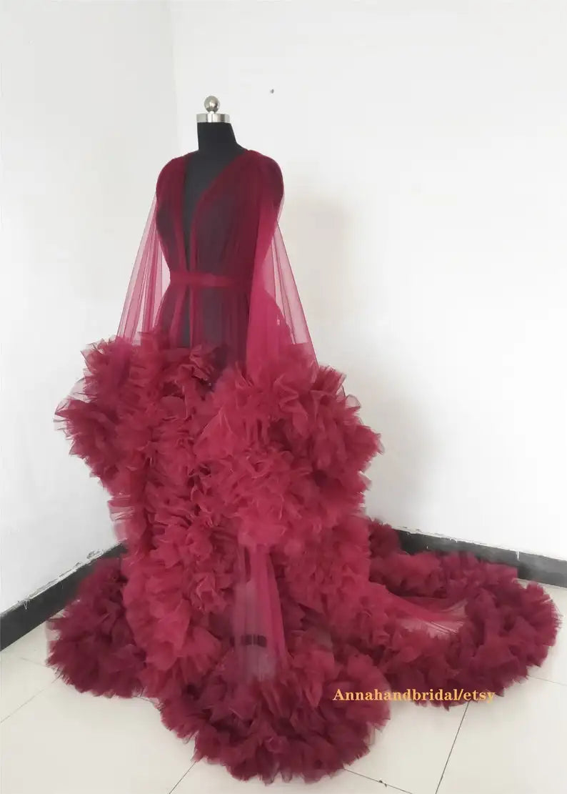 Women's Burgundy Photography Dress Sexy Robe Nightgown Ruffles Sleepwear Lace Tulle Bathrobe Pajamas Prom Bridesmaid Shawl