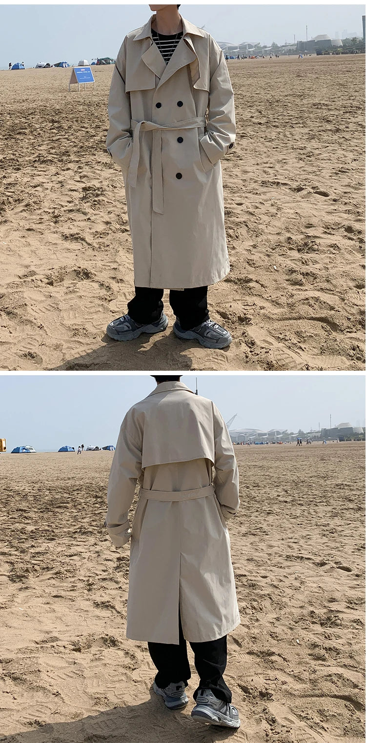 Spring Trench Coat Mens Korean Style Male Streetwear Windbreaker Trenchcoat Men Solid Coats for Men Casual Loose Long Overcoat