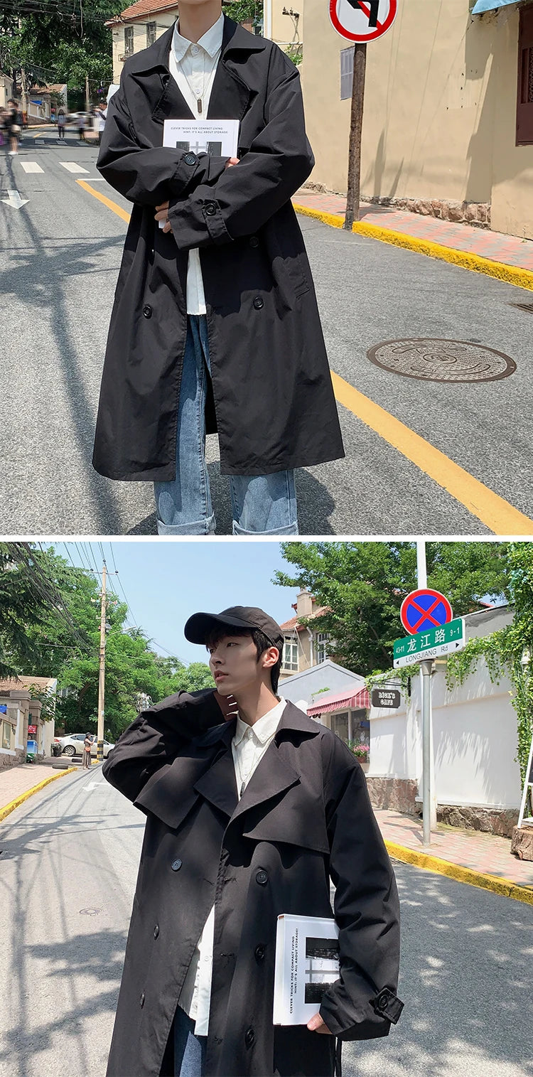 Spring Trench Coat Mens Korean Style Male Streetwear Windbreaker Trenchcoat Men Solid Coats for Men Casual Loose Long Overcoat