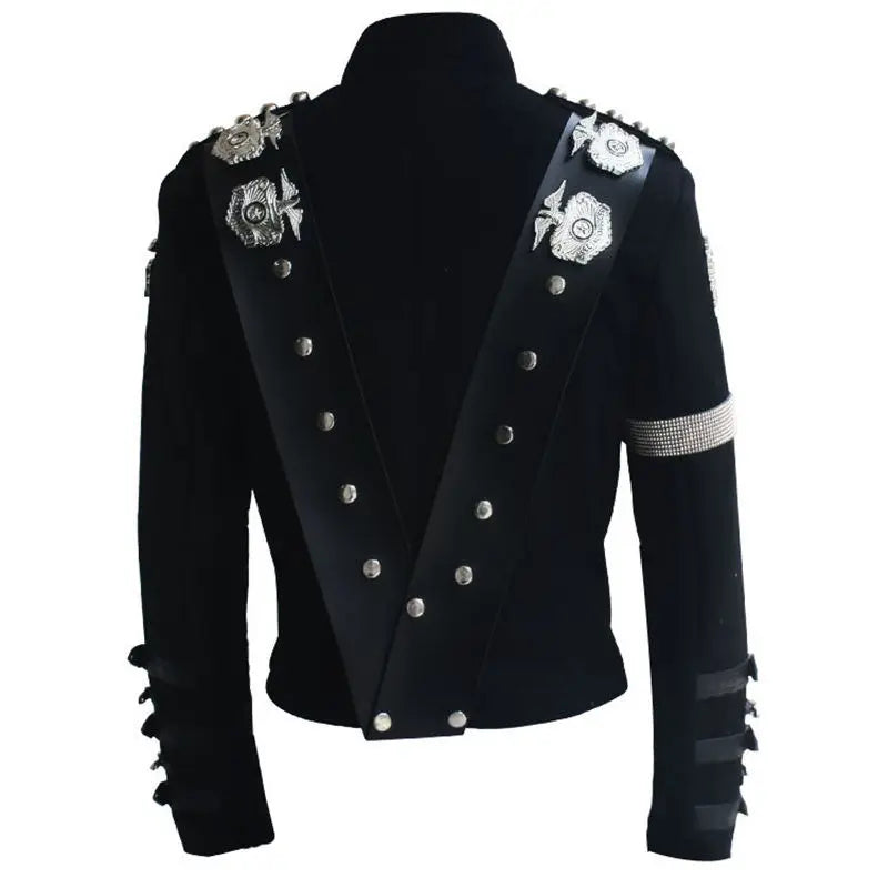 Impersonator Michael Jackson Costumes Jacket Stuff BAD Black With Silver Eagle Badges Punk Metal woolen Clothing