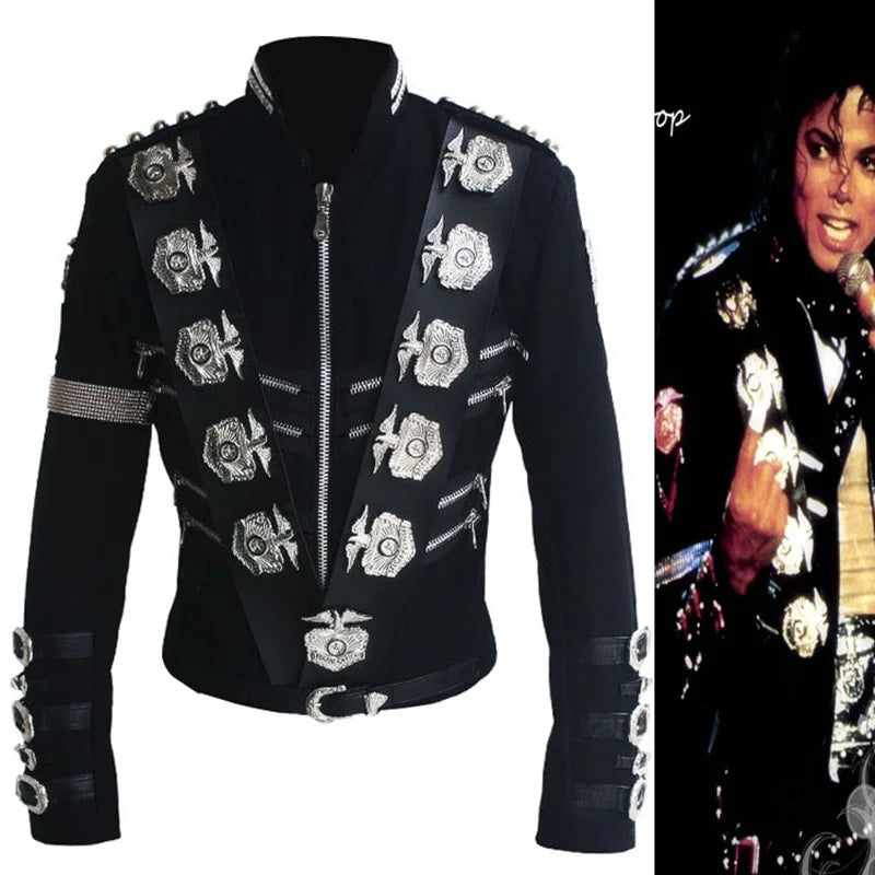 Impersonator Michael Jackson Costumes Jacket Stuff BAD Black With Silver Eagle Badges Punk Metal woolen Clothing