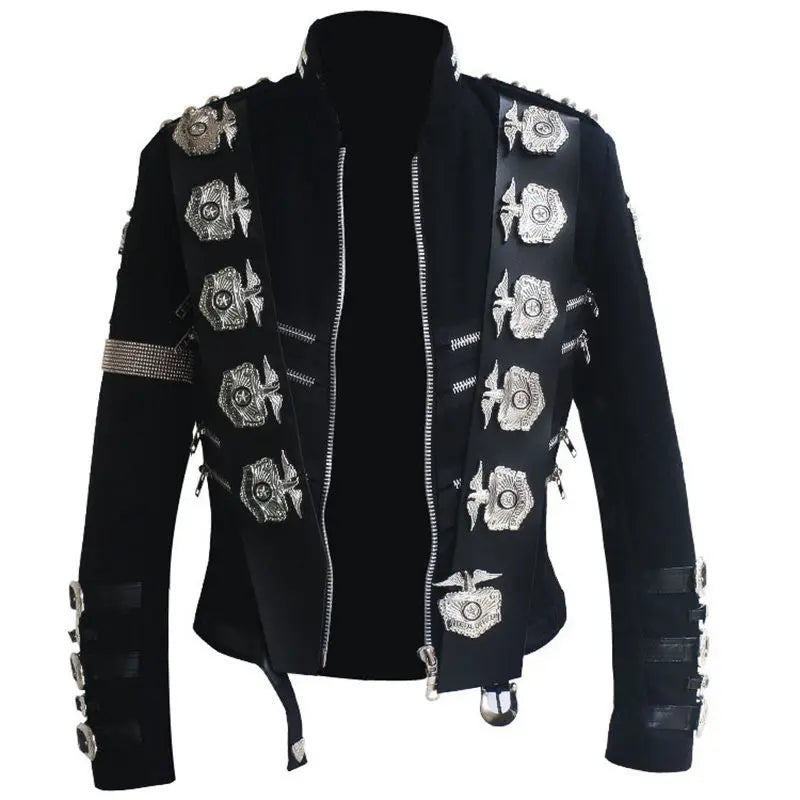 Impersonator Michael Jackson Costumes Jacket Stuff BAD Black With Silver Eagle Badges Punk Metal woolen Clothing