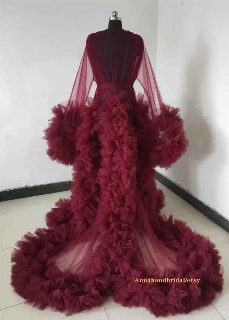 Women's Burgundy Photography Dress Sexy Robe Nightgown Ruffles Sleepwear Lace Tulle Bathrobe Pajamas Prom Bridesmaid Shawl