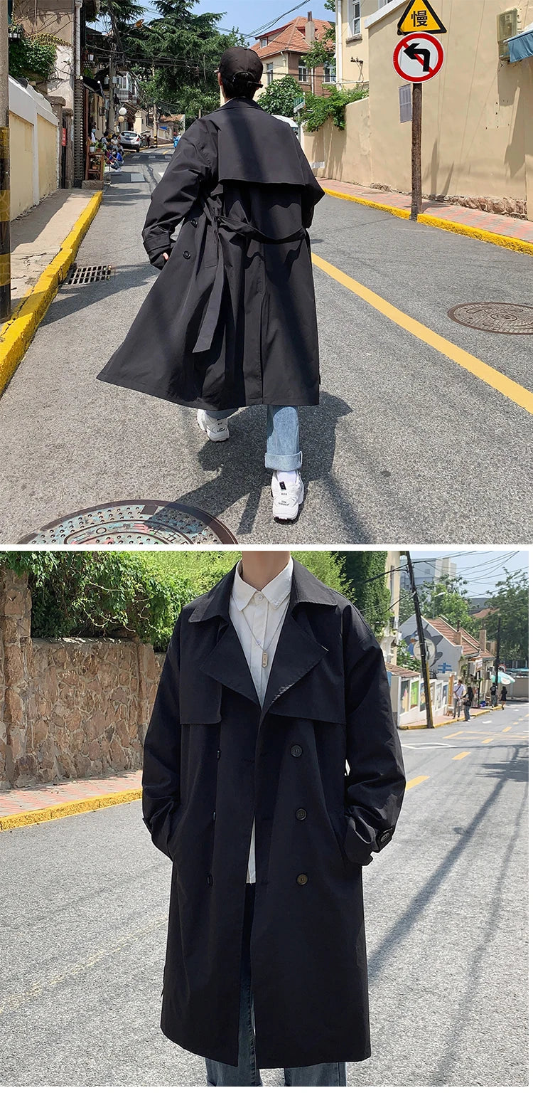 Spring Trench Coat Mens Korean Style Male Streetwear Windbreaker Trenchcoat Men Solid Coats for Men Casual Loose Long Overcoat