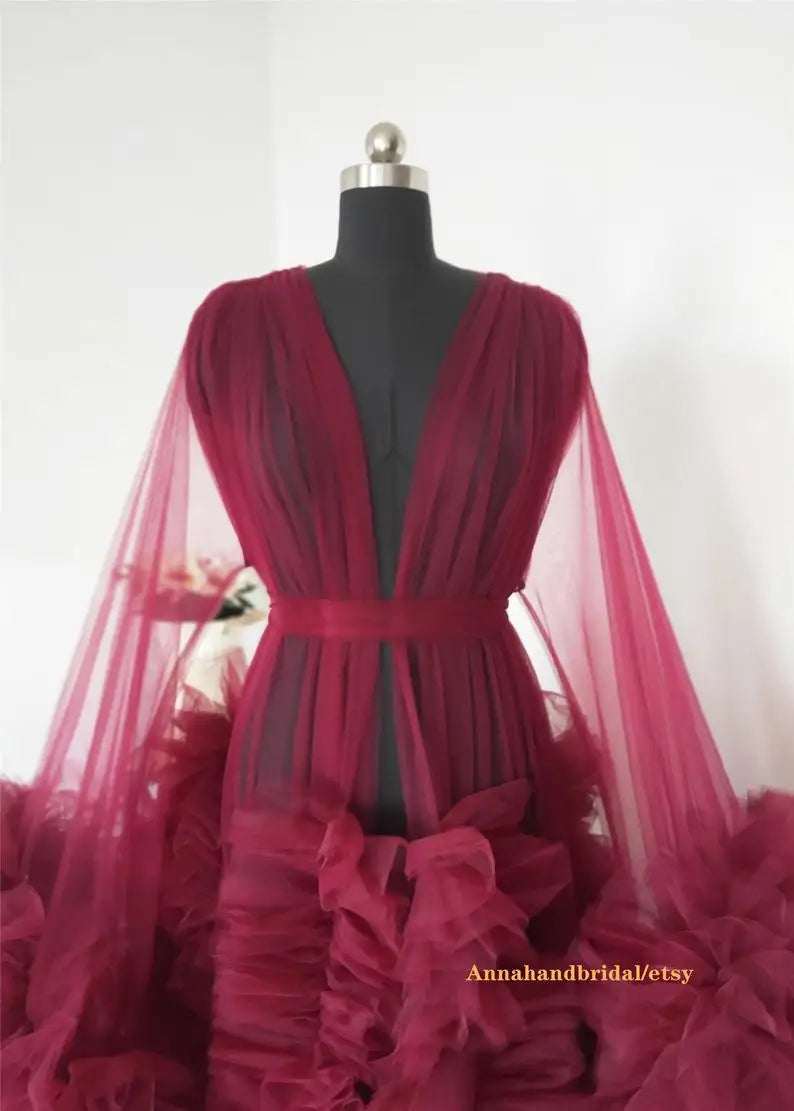 Women's Burgundy Photography Dress Sexy Robe Nightgown Ruffles Sleepwear Lace Tulle Bathrobe Pajamas Prom Bridesmaid Shawl