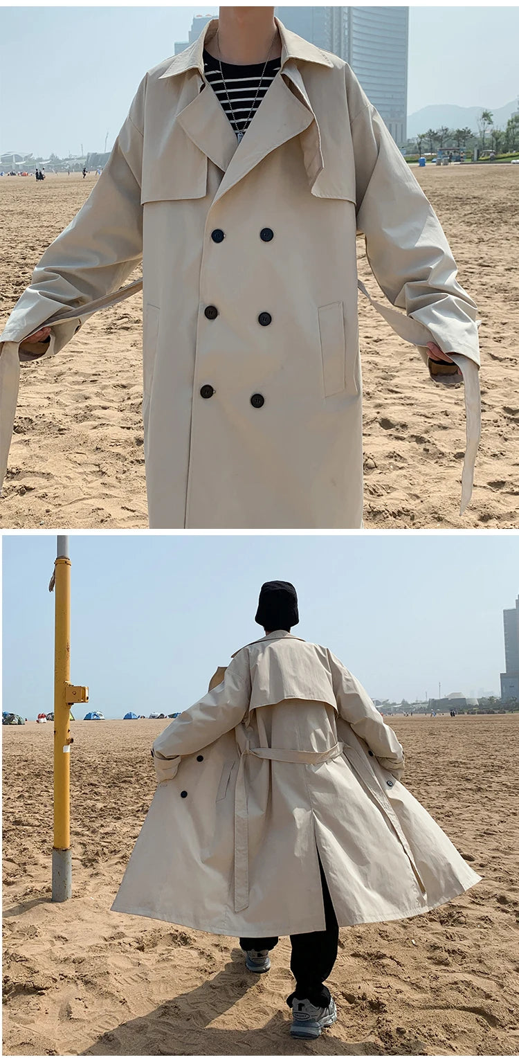 Spring Trench Coat Mens Korean Style Male Streetwear Windbreaker Trenchcoat Men Solid Coats for Men Casual Loose Long Overcoat