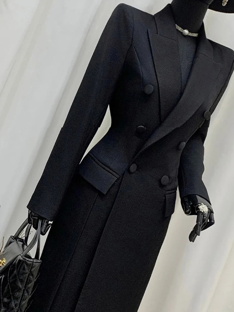 Lautaro Spring Autumn Long Black Fitted Blazer Coat for Women Double Breasted Elegant Luxury Chic European Fashion Overcoat 2025