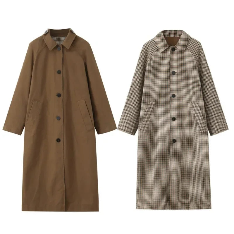 Double Sided Plaid Long Jackets For Women Single Breasted Long Sleeve Commute Street Female Trench Coat 2026 Autumn Chic Outwear