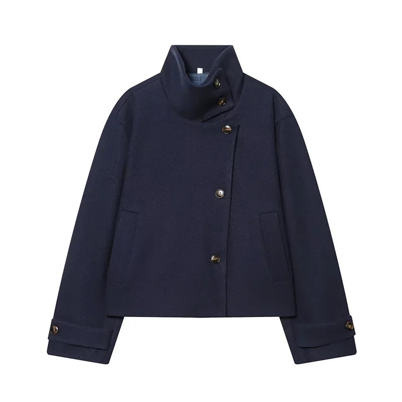 Stand Collar Asymmetric Woman's Coats Jacket for Woman Wool Short Tops Loose Cropped Jackets Autumn Winter Wear Daily Outfits