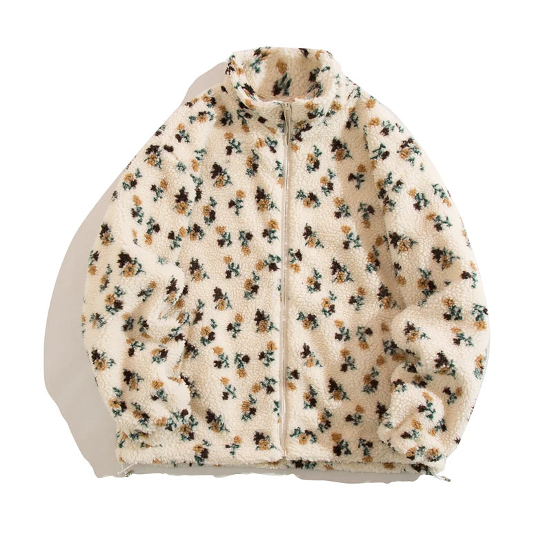 Mens Lamb Wool Jackets Fleece Coats 2025 Vintage Floral Outdoor Warm Casual Streetwear Couple Clothes Oversized Cardigan Jacket
