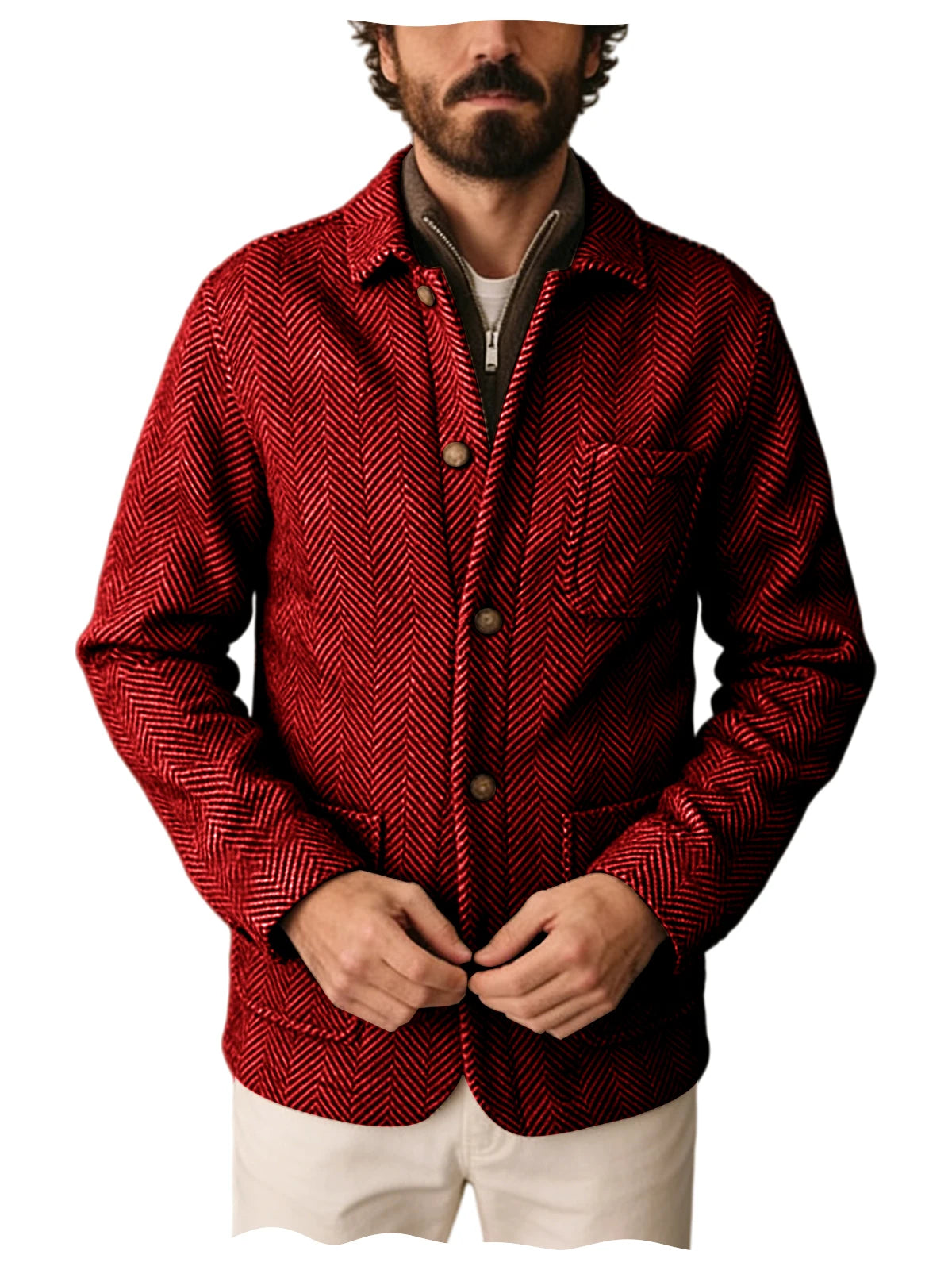 Vintage Men's Herringbone Pattern Blazer Wool Blend Lapel Collar Slim Fit Breathable Jacket Business Casual For DailyWear Office
