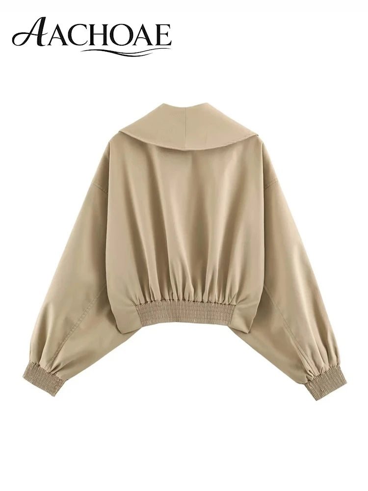 AACHOAE Women Oversized Lapel Cropped Jacket Belted Short Coat Long Sleeve Elastic Cuff Casual Chic Elegant Minimalist Outerwear