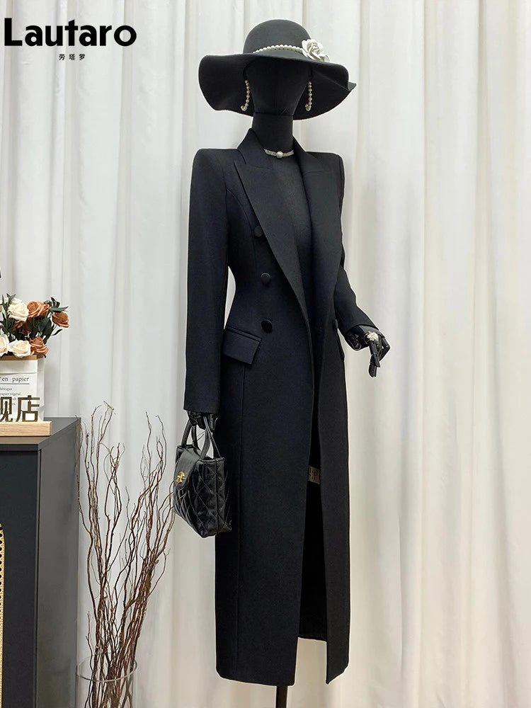 Lautaro Spring Autumn Long Black Fitted Blazer Coat for Women Double Breasted Elegant Luxury Chic European Fashion Overcoat 2025