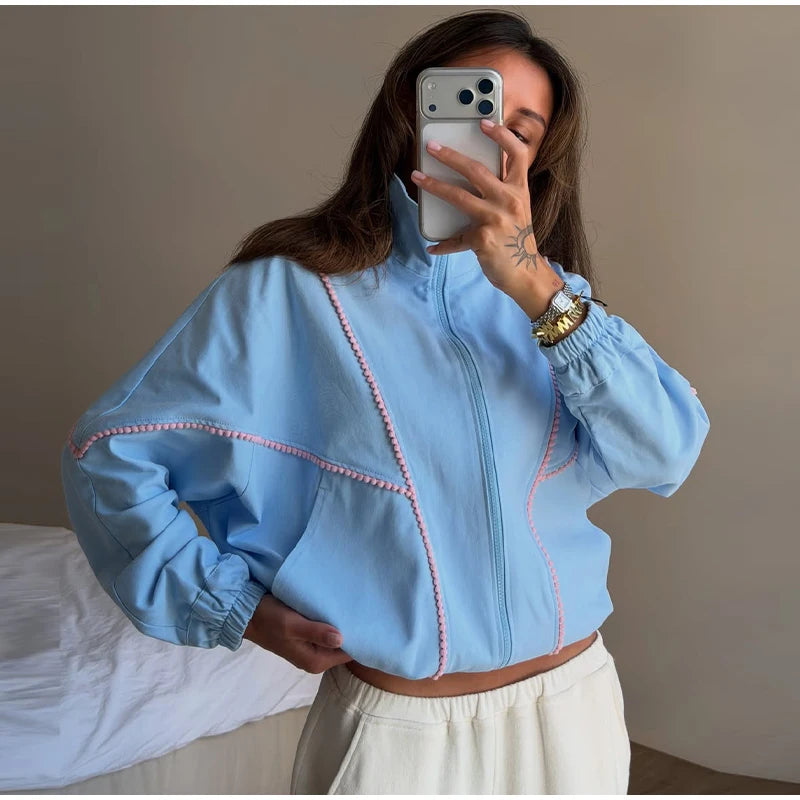 Denim Contrast Jackets Women Standneck Long Sleeves Zipper Loose Coats Female 2026 Autumn New Chic Fashion Casual Outwears Lady