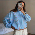 Denim Contrast Jackets Women Standneck Long Sleeves Zipper Loose Coats Female 2026 Autumn New Chic Fashion Casual Outwears Lady