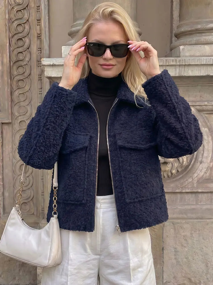 HH Women Elegant Solid Coat Front Pocket Zipper Long Sleeve Jacket Autumn Winter Casual High Street Party Vacation Outerwear