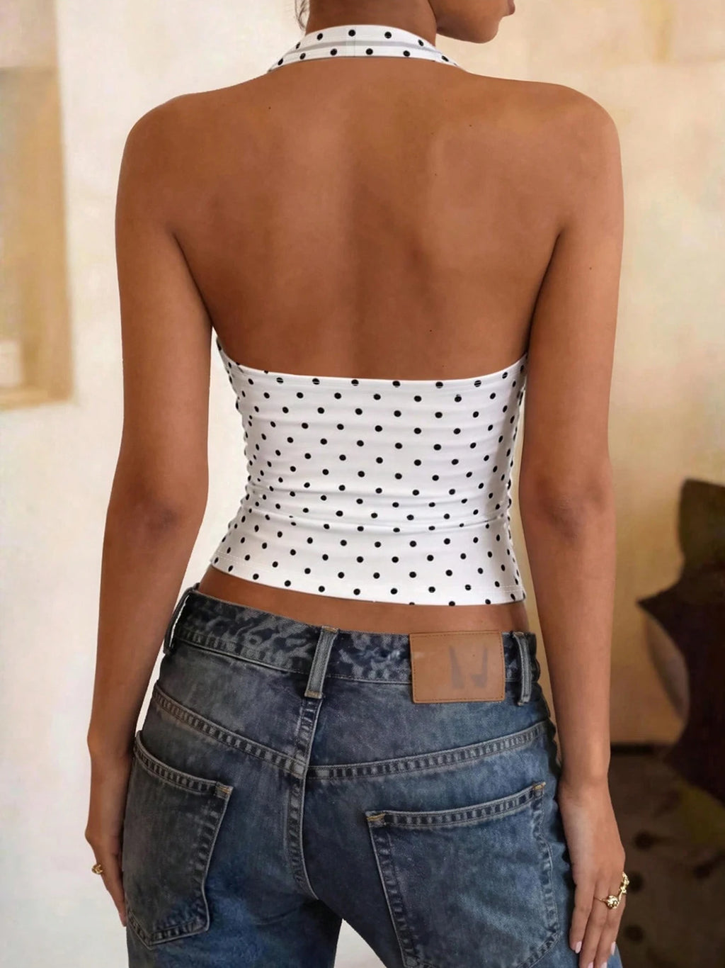 Hugcitar Polka Dot Print Halter Square Collar Backless Sexy Crop Tank Top Summer Women Fashion Outfit Birthday Party Holiday