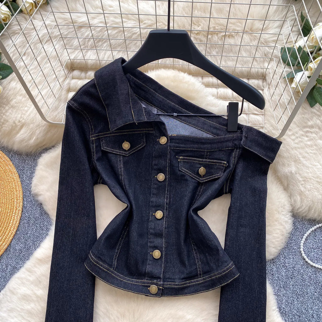 Blouses Women Denim Shirt Vintage Turn Down Collar Full Sleeve Tops Y2k Streetwear Elegant Splice Shirts Slim Fit 2026 Autumn
