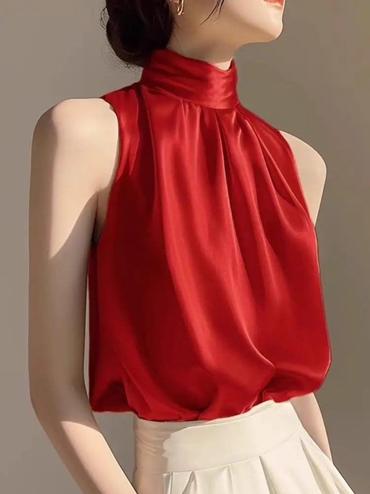 2025 Silkly Satin Sleeveless Crop Top Summer Half Turtleneck Women Pulover Tee Halter Vest Lady Loose Shirts Red party Blouses