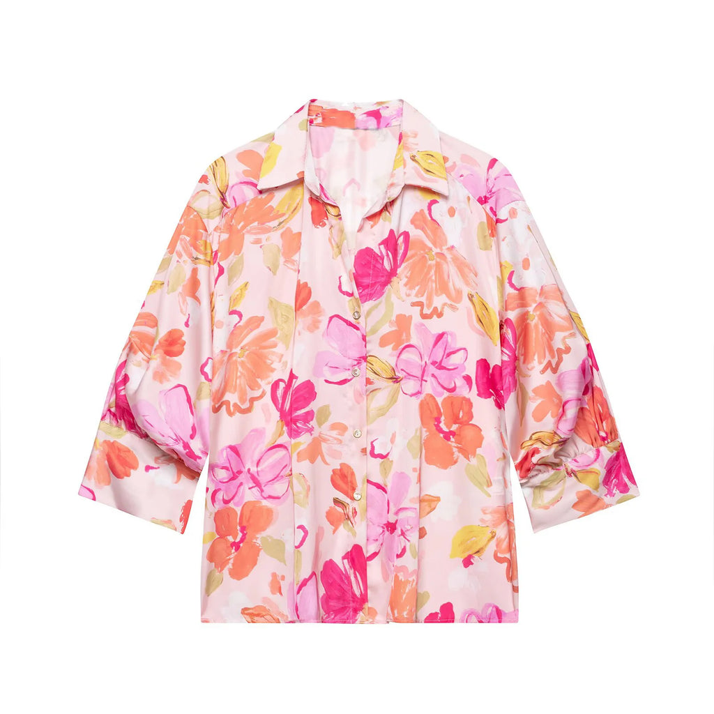 Women's Print Shirts New 2026 Summer Jonny-Collar Women Button Pleated Sleeve Blouses Casual Loose Female Shirt & Blousers