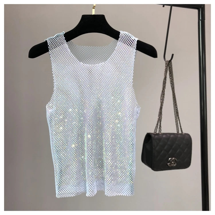 Crystal Beading Shiny Tanks Party Club Sexy Hollow Out Diamonds Stamping Camis Winky Sleeveless Vest