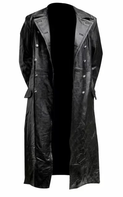 Black Leather raincoat officer military classic German menswear  coat men  long jackets for men