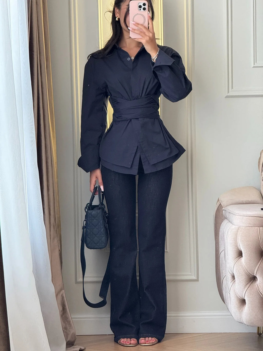 BJTZ 2026 Spring Summer Women Solid Color Tie Waist Slim Long Sleeve Shirt Elegant Casual Tops