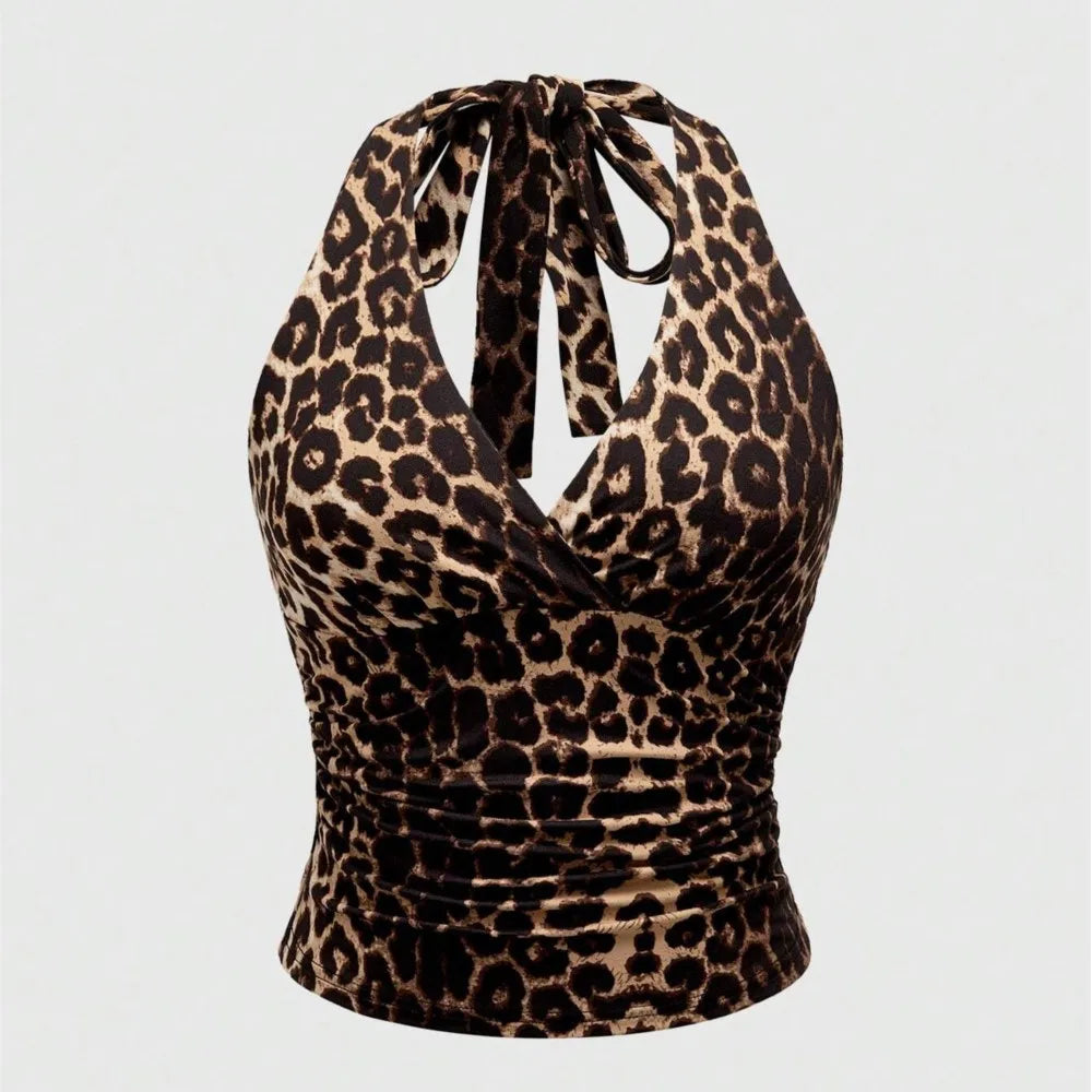 Retro Leopard Print Backless Fashion Sleeveless Summer Women's Casual Halterneck Vest Sexy Backless Lace-up Top Ropa Para Mujer