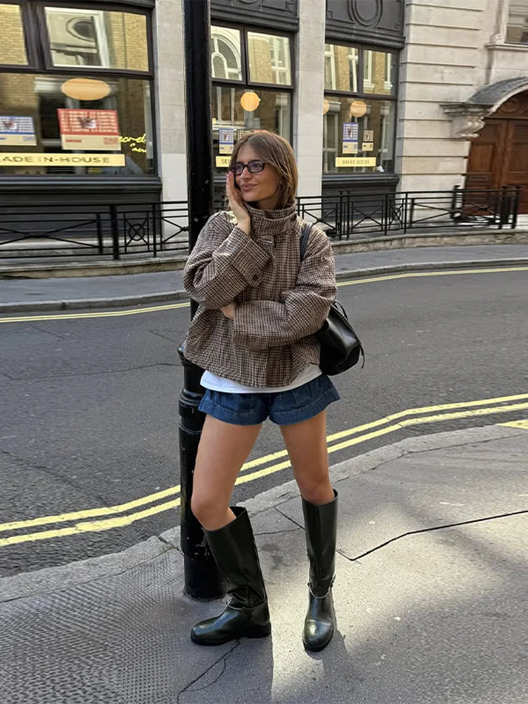 Stand Collar Plaid Short Jacket Woman Single Breasted Long Sleeve Pocket Loose Coats Casual Street Women's New Versatile Jackets