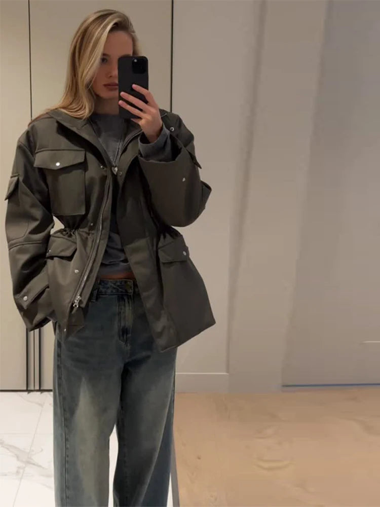 High Neck Zipper Multi Pockets Jacket Woman Solid Color Waist Cinched Long Sleeve Casual Coat Fashion Street Women's New Jackets