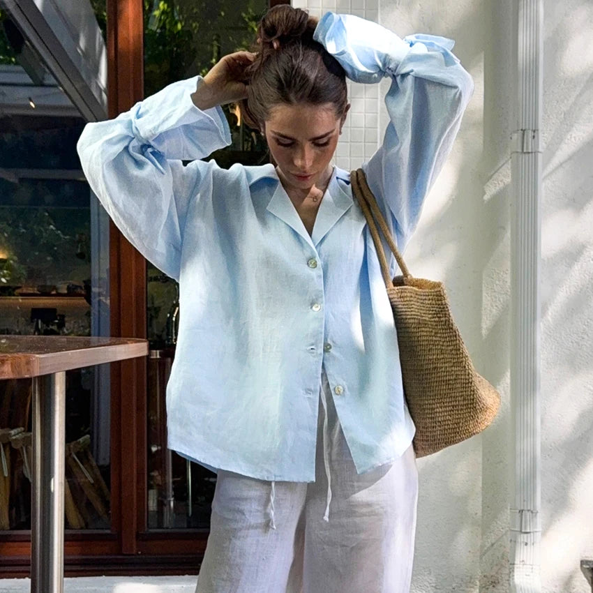 Linad Casual Blue Flare Sleeve Shirts Female Autumn Street Chic Notched Neck Woman Blouse Daily Single Breasted Tops Bows 2026