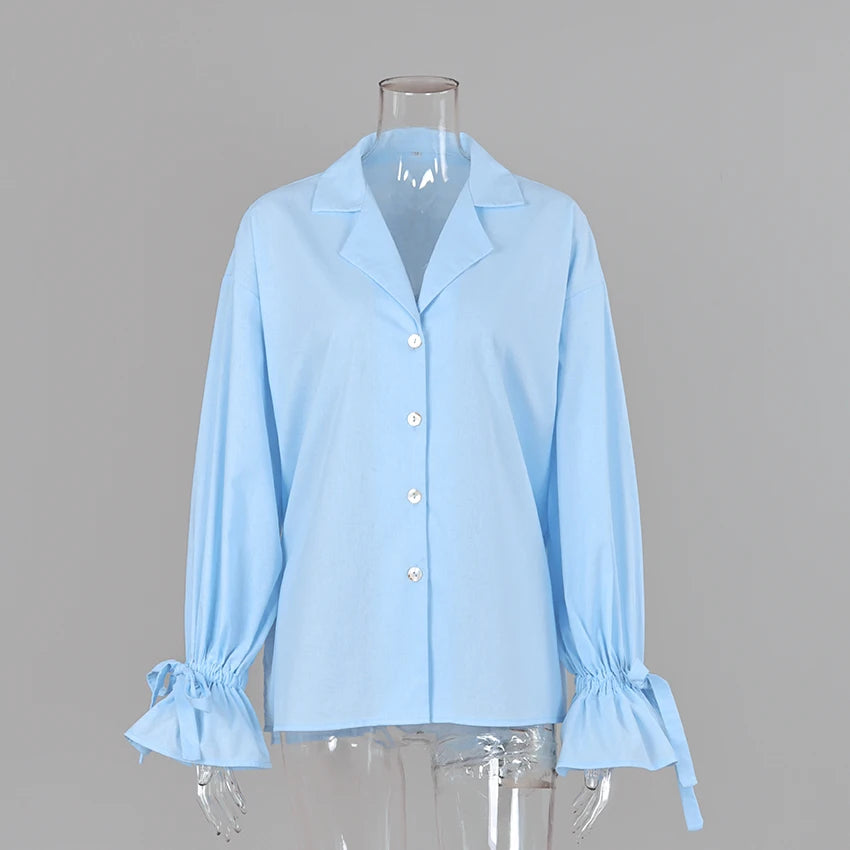 Linad Casual Blue Flare Sleeve Shirts Female Autumn Street Chic Notched Neck Woman Blouse Daily Single Breasted Tops Bows 2026