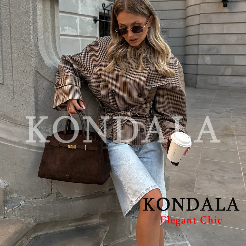 KONDALA Women Trendy Plaid Short Jacket Double Breasted Belt Pockets Jacket New Fashion 2026 Early Fall Streetwear Trench Coat