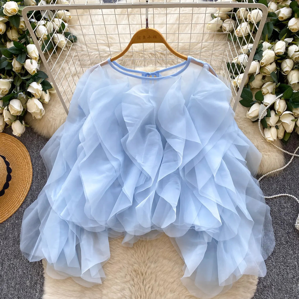 2026 New Spring Autumn Women Korean Style O-neck Long Sleeve Shirt Multi Layer Ruffles Solid Color Chiffon Shirt Tops