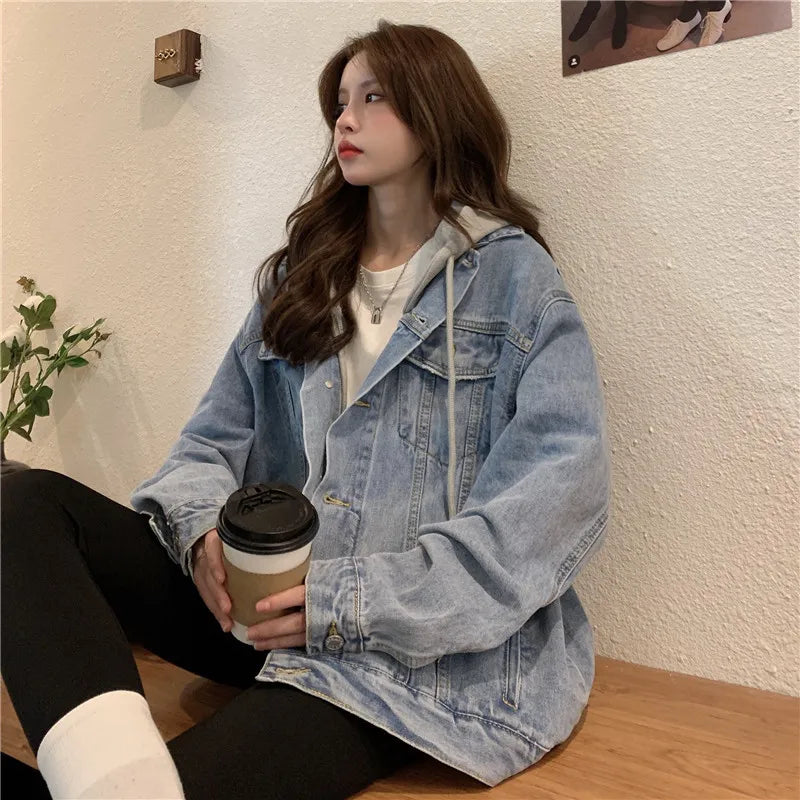 Women's Hooded Denim Jacket 2024 Spring Fall Collection Light Wash Korean-Inspired Oversized Casual Coat Trendy Streetwear Top